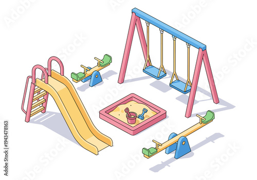 Colorful isometric playground with slide, swings, seesaws, and sandbox