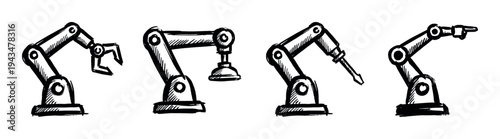 Four black and white hand-drawn robotic arms with different manipulators like a claw and suction cup, presented as a collection of industrial automation icons in a rough sketch style