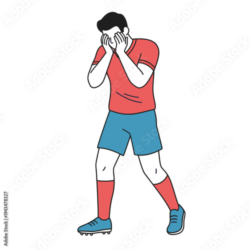 Minimal flat vector illustration of soccer player covering face feeling disappointed after losing match, football failure emotion concept.