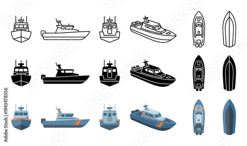 Patrol boat vector icon set showing a coast guard cutter from multiple angles including front, side, top, and isometric views in line, glyph, and flat color styles
