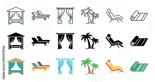 Summer vacation and relaxation icon set in line, solid, and color styles, showcasing a gazebo, deck chair, palm tree, curtains, a person relaxing, and a beach mat