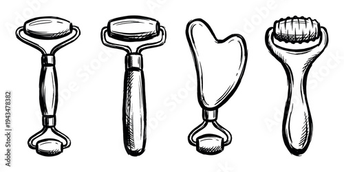 Set of hand-drawn facial massage tools including stone rollers and a gua sha scraper in a black ink sketch style illustration for skincare and beauty concepts