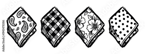 Four black and white hand-drawn handkerchiefs with various patterns including paisley, gingham, floral, and polka dot, presented as a collection of sketched textile designs