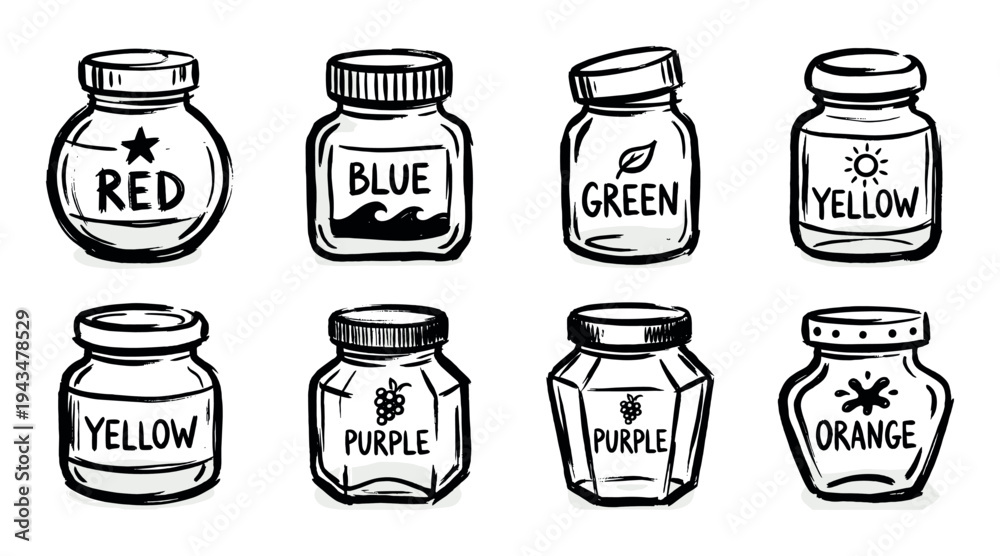 Fototapeta premium Collection of hand-drawn ink jars with color labels in a charming sketch style illustration, featuring red, blue, green, yellow, purple, and orange for art supplies