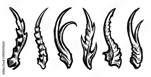 Set of six different monster horns drawn in a rough, black ink brushstroke style, featuring various curved, ridged, and pointed shapes for a fantasy creature design