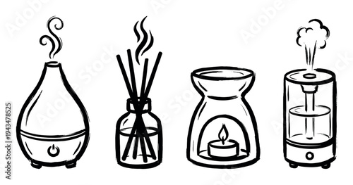 Set of four aromatherapy diffusers drawn in a black ink brush stroke style, including an electric diffuser, reed sticks, a candle oil burner, and an air humidifier icon collection
