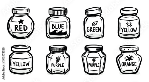 Collection of hand-drawn ink jars with color labels in a charming sketch style illustration, featuring red, blue, green, yellow, purple, and orange for art supplies