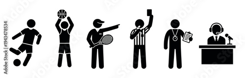 Set of black sport stick figures showing various athletic roles including a soccer player, basketball player, tennis coach, referee, coach, and a commentator