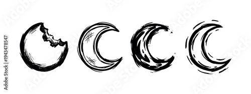 Set of four hand-drawn moon phases in a rough black ink sketch style showing a celestial cycle from a bitten circle to a thin crescent in a grunge artistic illustration