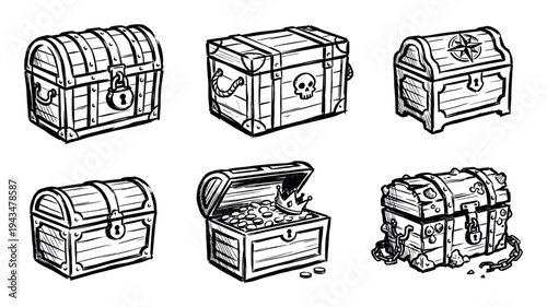 Hand-drawn set of six pirate treasure chests in a black and white sketch style, featuring an open box with gold, a locked chest, and a sunken one with barnacles