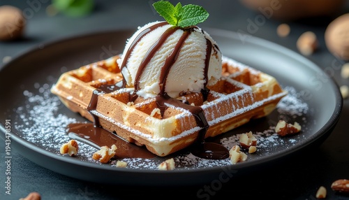 Luxury Warm Belgian Waffle with Vanilla Ice Cream and Chocolate Syrup for International Waffle Day