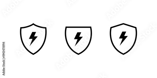 Shield outline with lightning bolt icon. Energy protection symbol
