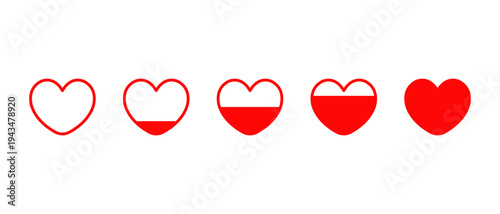 Red heart progress icon in flat design. Love fill level symbol