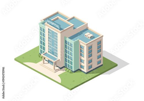 Modern isometric hospital building with a clean, minimalist design and green lawn