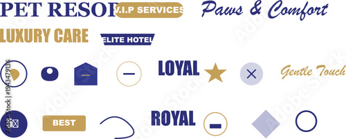 Luxury pet care branding elements: premium logos, VIP services, resort, hotel, kennel, paw, royal design.