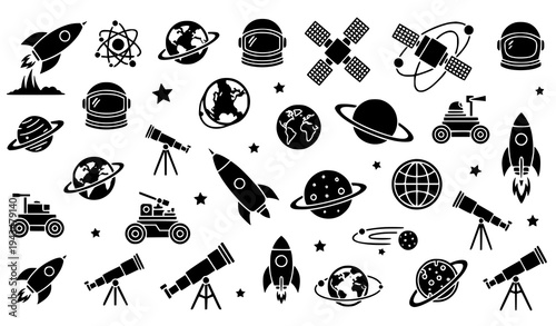 Astronomy and space exploration icon collection with rocket satellite astronaut and planet earth