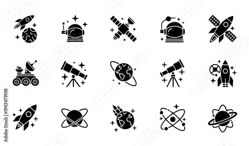 Space exploration icon pack vector with rocket satellite astronaut telescope rover and stars