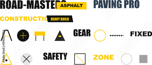 Minimalist graphic design vector elements for road construction, asphalt paving, safety, heavy build, branding.