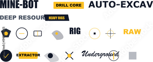 Mining Industry Concept Icons: Heavy Rigs, Drill Core, Deep Resources, Auto-Excav, Underground Extraction Technology.