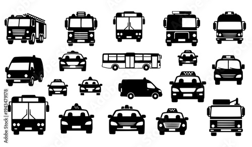 Front view vehicle silhouette collection with emergency service and public transport icons