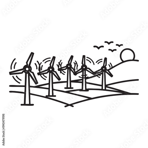 Wind farm icon representing clean, sustainable energy generation within a peaceful natural landscape