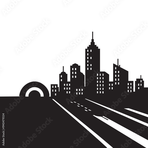 City skyline silhouette at sunset with road