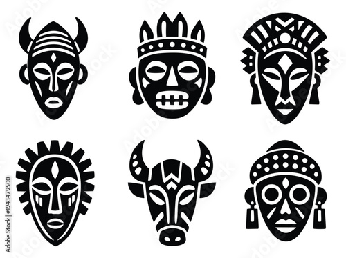 Flat icon set of 6 tribal masks featuring African ceremonial faces with horns, crowns and decorative headdresses for cultural design