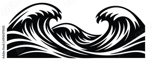 Woodcut illustration of ocean waves depicting powerful curling surf for nautical and surf design