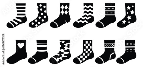 Flat icon set of 12 patterned socks featuring stripes, polka dots, chevrons, stars, hearts and checkered designs for fashion and textile use