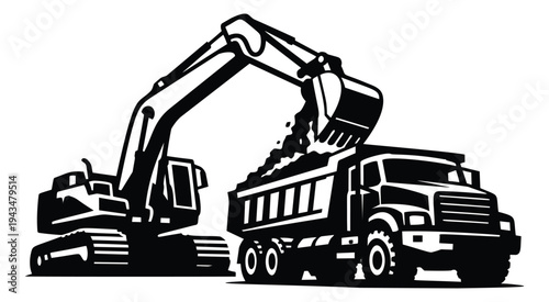 Bold silhouette illustration of excavator loading dump truck depicting construction earthmoving for industrial design