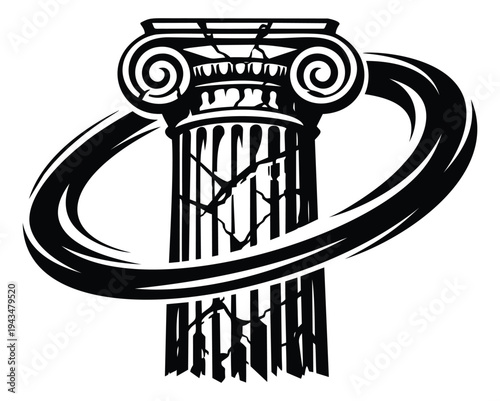 Woodcut illustration of a crumbling ionic column depicting structural collapse with a dynamic swoosh ring for architecture and crisis design