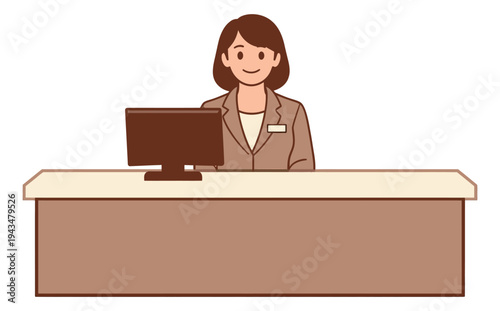Flat illustration of a female receptionist depicting a smiling hotel or office front desk worker for business and hospitality design