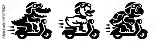 Cartoon icon set of 3 animals riding scooters featuring crocodile, dog and turtle characters for fun transportation design