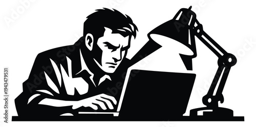 Bold silhouette illustration of focused man working at laptop depicting late night work session for business and technology design