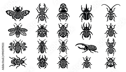 Woodcut icon set of 20 insects featuring beetles, bugs, flies and scarabs for nature and entomology design
