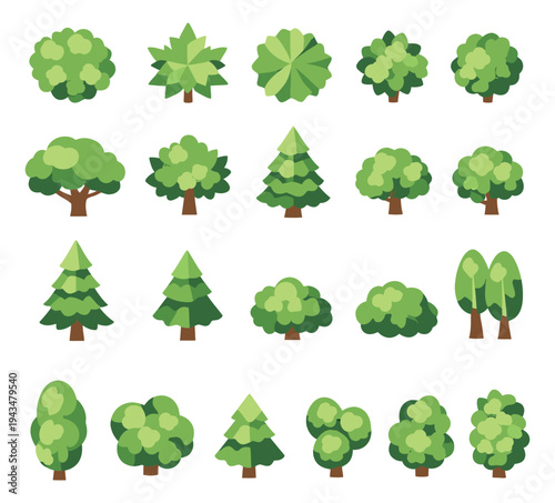 Flat icon set of 20 green trees featuring deciduous, conifer and bush varieties for nature and ecology design