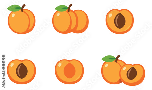 Cartoon icon set of 6 peach fruit variations featuring whole sliced and halved stonefruit for food and nutrition design