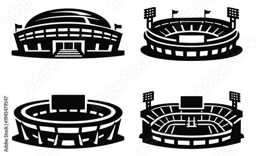 Silhouette icon set of 4 sports stadiums featuring arena structures with floodlights and scoreboards for event and venue design