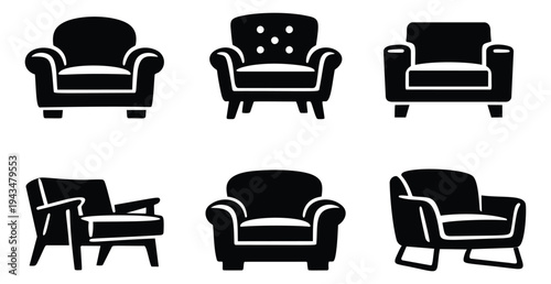 Silhouette icon set of 6 armchairs featuring classic and modern upholstered chair designs for furniture and interior decor