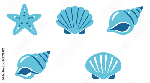Flat icon set of 5 ocean sea creatures featuring starfish and shells for beach and marine design