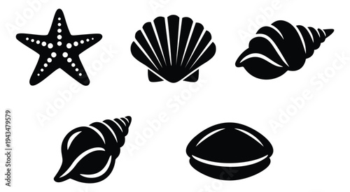 Silhouette icon set of 5 sea creatures featuring starfish, scallop, conch, spiral shell and clam for beach design