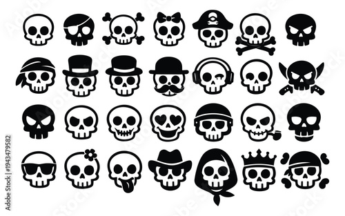 Cartoon icon set of 24 skull characters featuring pirate, grim reaper, hipster and themed costumes for Halloween design