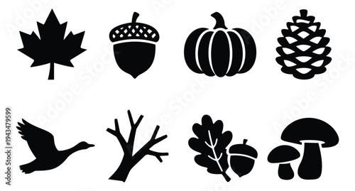 Silhouette icon set of 8 autumn nature symbols featuring maple leaf, acorn, pumpkin, pine cone, goose, bare tree, oak leaf and mushroom for seasonal design
