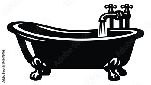 Silhouette illustration of a clawfoot bathtub depicting running faucets and flowing water for bathroom and home decor design