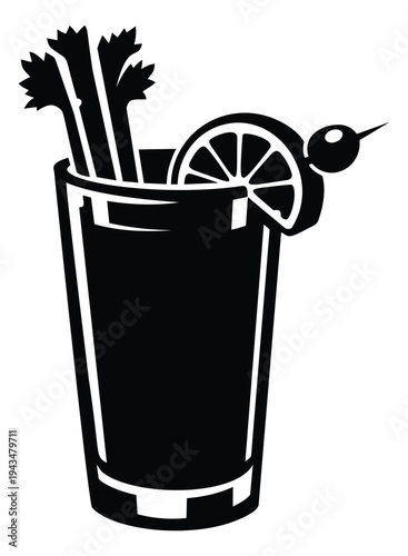 Silhouette illustration of a Bloody Mary cocktail depicting garnished drink with celery and olive for bar menu design