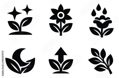 Silhouette icon set of 6 plant and nature symbols featuring flower, growth, watering, moonlight and leaf concepts for botanical design