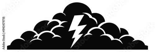 Silhouette illustration of storm cloud with lightning bolt depicting thunderstorm weather for meteorology and forecast design