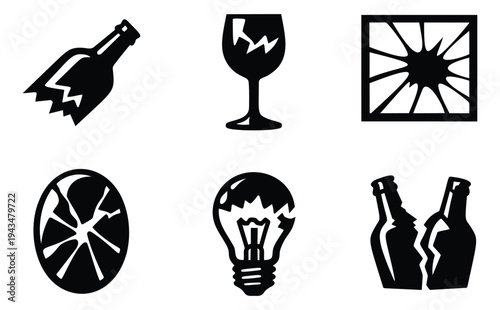 Silhouette icon set of 6 broken objects featuring shattered bottle, cracked glass, broken window, egg, lightbulb and beer bottle for damage concept design