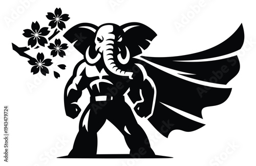 Bold silhouette illustration of a superhero elephant depicting a powerful stance with cherry blossoms for mascot and logo design