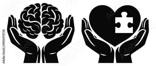 Flat icon set of 2 mental health symbols featuring cupped hands holding brain and heart with puzzle piece for healthcare design